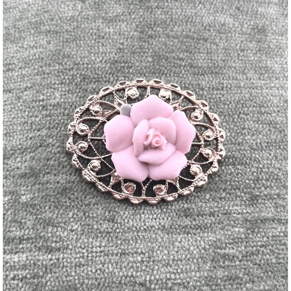 Vintage Gold Tone Filigree Brooch, Pink Molded Rose Flower Jewelry, Cottagecore
